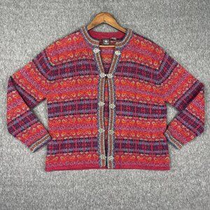 SKYR Wool Sweater Cardigan Size Small Fair Isle Red Burgundy **Damaged Clasp**